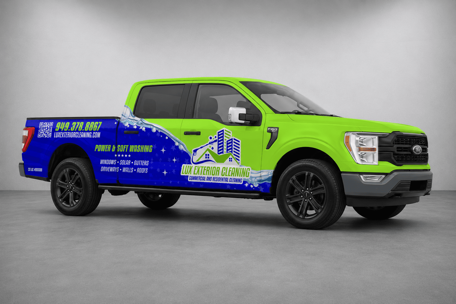 Bright green and blue Ford F-150 commercial wrap