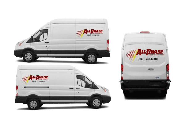 Custom fleet vehicle graphics on a white Ford Transit van for All Phase Electric, featuring company branding and contact information.