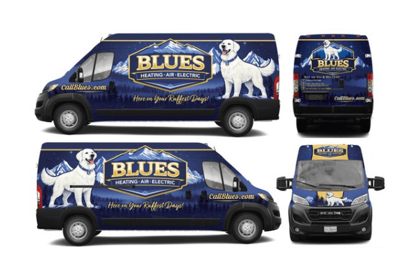 Full commercial van wrap for Blues Heating & Air featuring