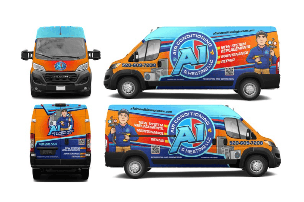 Commercial fleet van wrap for A1 Air Conditioning & Heating with custom HVAC graphics and business branding.