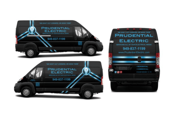 Black commercial van wrap for Prudential Electric featuring blue geometric graphics, company logo and contact information.