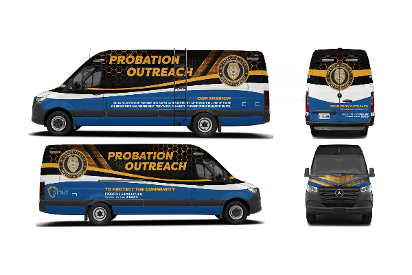 Custom Mercedes-Benz Sprinter van wrap for Probation Outreach featuring blue, black, and gold fleet graphics.