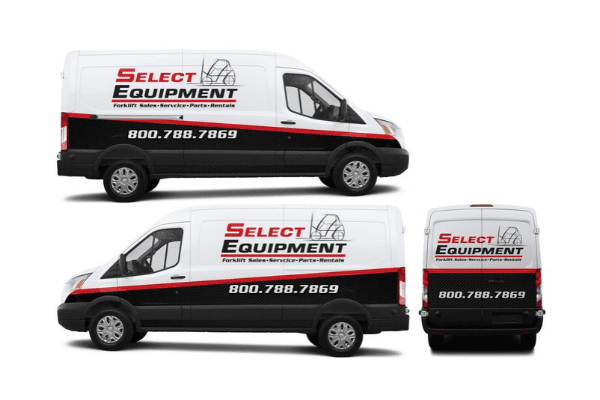 Commercial fleet van graphics for Select Equipment featuring company branding